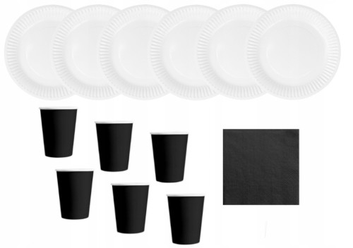 ZESTAW talerzyki białe kubki serwetki czarne