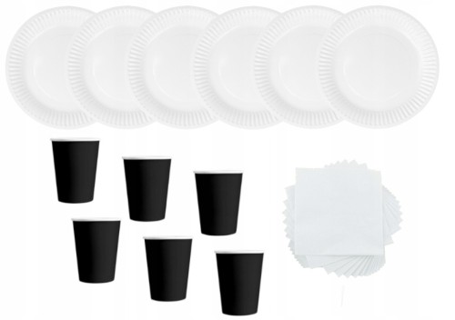 ZESTAW kubeczki czarne talerzyki serwetki białe