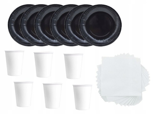 ZESTAW talerzyki czarne kubki serwetki białe