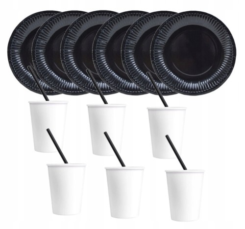 ZESTAW kubki białe talerzyki słomki czarne urodzin