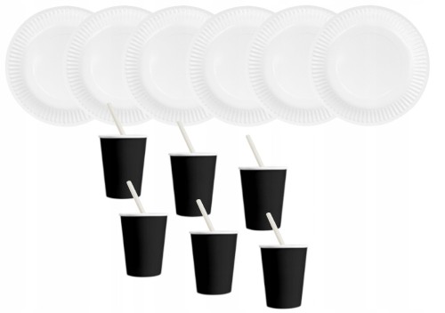 ZESTAW kubki czarne talerzyki słomki białe urodzin