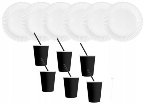 ZESTAW słomki kubki czarne talerzyki białe urodzin