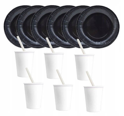 ZESTAW słomki kubki białe talerzyki czarne urodzin