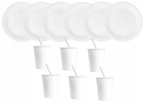 ZESTAW jednorazowe kubki talerzyki słomki białe