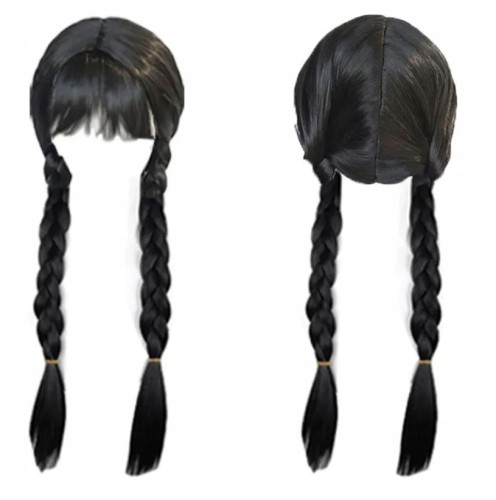 PERUKA WŁOSY CZARNE WARKOCZE STRÓJ KOSTIUM PRZEBRANIE WEDNESDAY HALLOWEEN