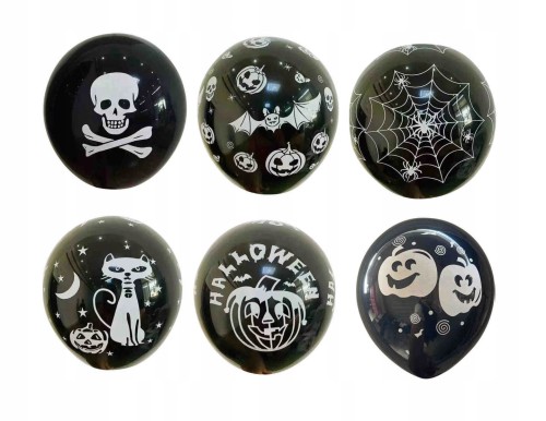 Balony lateksowe halloween czarne z nadrukiem czaszka nietoperz dynia 6 szt