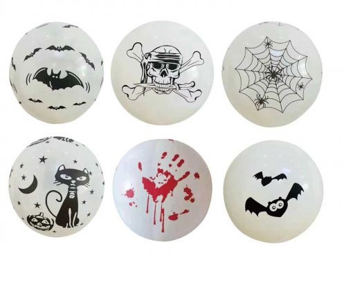Balony lateksowe halloween białe z nadrukiem pajęczyna kot nietoperz 6 szt