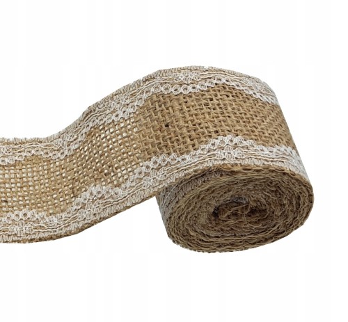Wstążka tasiemka jutowa z koronką naturalna rolka 5 x 180 cm DIY dekoracje