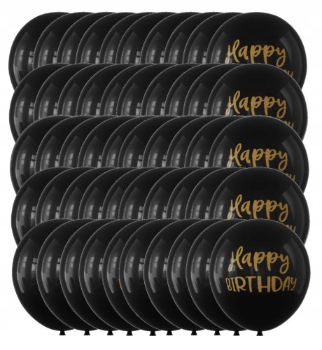 Balony lateksowe urodzinowe czarne złote Happy Birthday 30 cm zestaw 50 szt