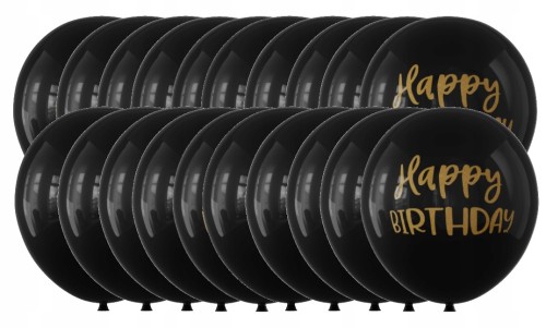 Balony lateksowe urodzinowe czarne złote Happy Birthday 30 cm zestaw 20 szt