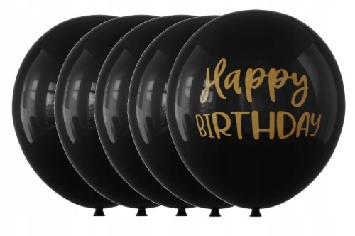 Balony lateksowe urodzinowe czarne złote Happy Birthday 30 cm zestaw 5 szt.