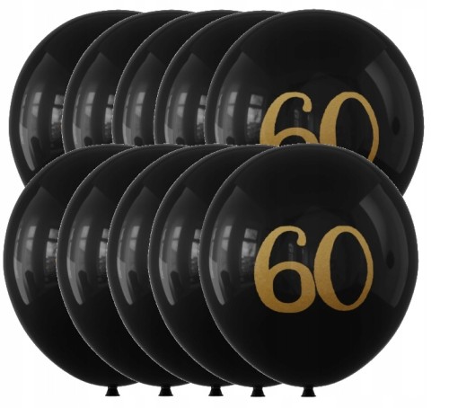 Balony lateksowe czarne złote sześćdziesiątka 60-tka 30 cm zestaw 10 szt.