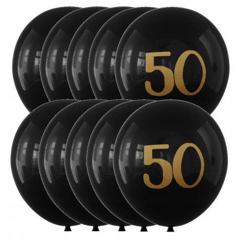Balony lateksowe czarne złote pięćdziesiątka 50-tka 30 cm zestaw 10 szt.