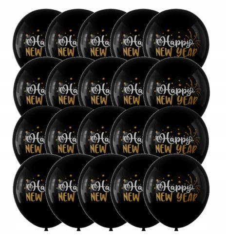 Balony lateksowe czarne ze złotym białym napisem Happy New Year 30 cm 20szt