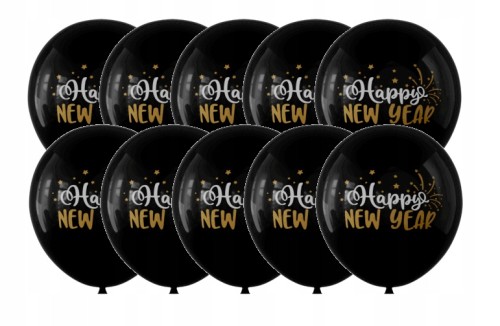 Balony lateksowe czarne ze złotym białym napisem Happy New Year 30 cm 10szt