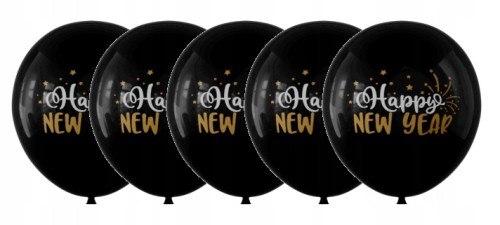 Balony lateksowe czarne ze złotym białym napisem Happy New Year 30 cm 5 szt