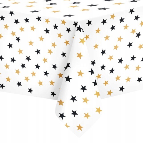 Obrus plamoodporny foliowy 137x274 cm biały w złote czarne gwiazdki gwiazdy