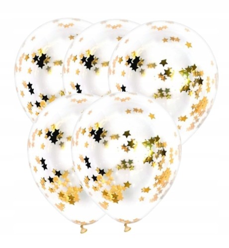 Balony lateksowe przezroczyste ze złotym konfetti złote gwiazdki 5 szt 30cm