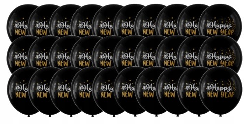 Balony lateksowe czarne ze złotym białym napisem Happy New Year 30 cm 30szt