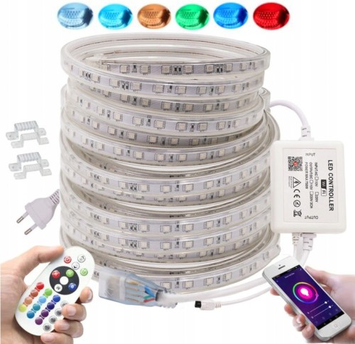TAŚMA LED RGB 230V ZESTAW 54m IP67 PILOT smartfon 