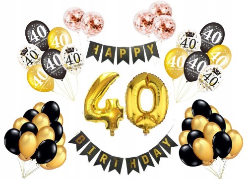ZESTAW BALONY 40 URODZINY czterdziestka złote czar
