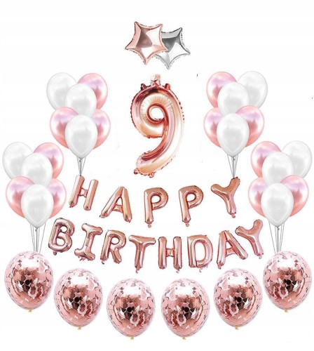 ZESTAW BALONY 9 URODZINY impreza ROSE GOLD różowe