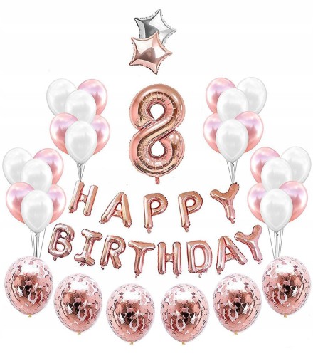 ZESTAW BALONY 8 URODZINY impreza ROSE GOLD różowe