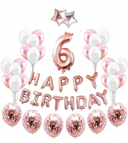 ZESTAW BALONY 6 URODZINY impreza ROSE GOLD różowe