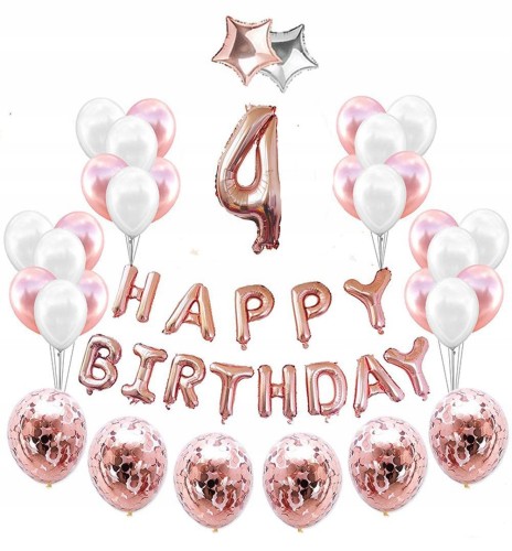 ZESTAW BALONY 4 URODZINY impreza ROSE GOLD różowe