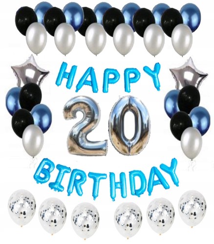 ZESTAW BALONY 20 URODZINY dwudziestka srebro czerń
