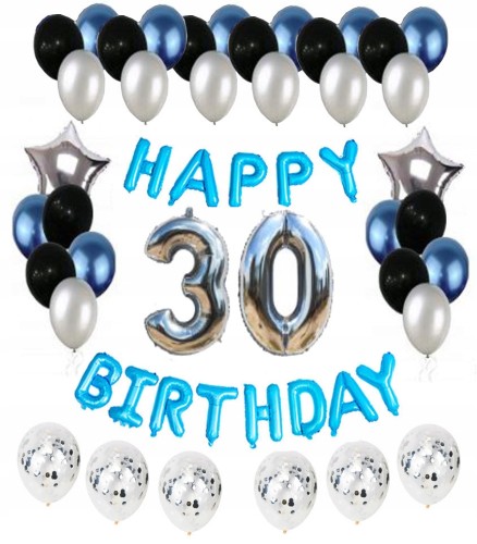 ZESTAW BALONY 30 URODZINY trzydzieste srebro czerń
