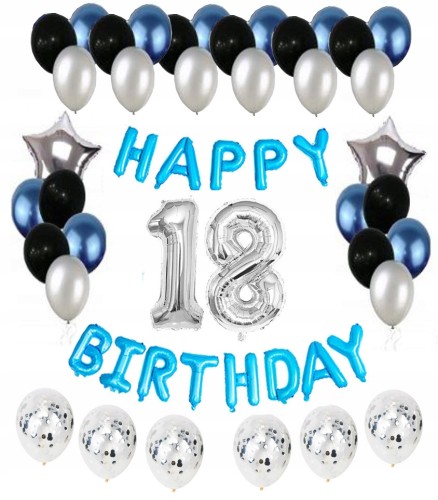 ZESTAW BALONY 18 URODZINY OSIEMNASTKa srebro czerń