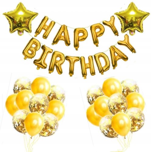 urodziny napis HAPPY BIRTHDAY gold balony konfetti