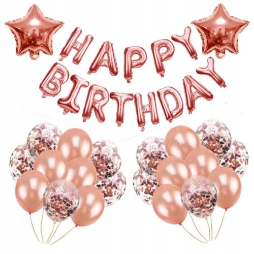 urodziny HAPPY BIRTHDAY rose gold balony konfetti