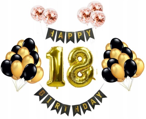 ZESTAW BALONY 18 URODZINY osiemnastka złote czarne