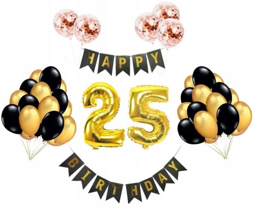 ZESTAW BALONY 25 URODZINY konfetti złote czarne