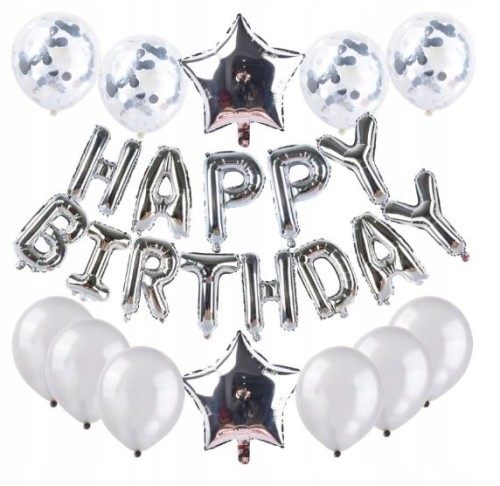 urodziny HAPPY BIRTHDAY srebrne balony konfetti