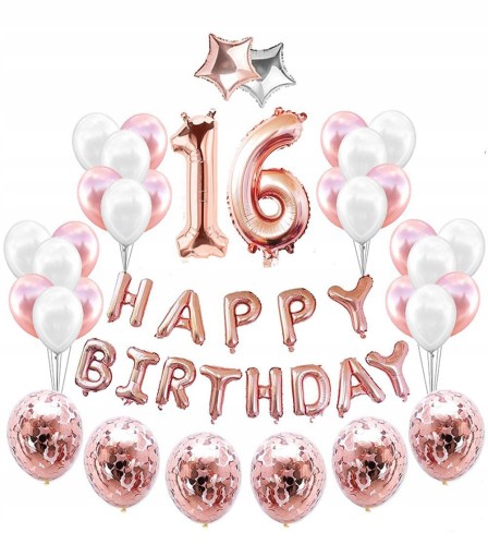ZESTAW BALONY na 16 URODZINY szesnastka ROSE GOLD