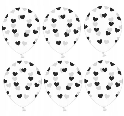 Balon gumowy przeźroczysty 6 szt czarne serduszka