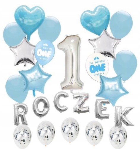 Zestaw BALONY ROCZEK cyfra 1 urodziny KONFETTI