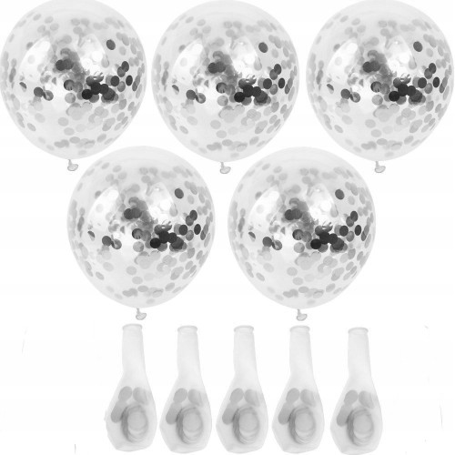 Balony duże przezroczyste srebrne konfetti 5szt 30