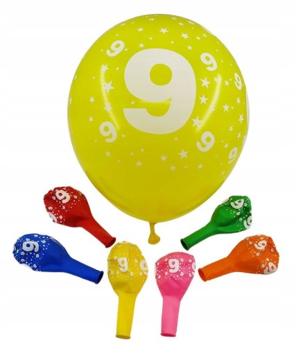 BALON gumowy urodzinowy MIX nr DZIEWIĘĆ 9 6sztuk