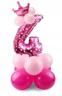 ZESTAW BALONY FOLIOWE gumowe URODZINY cyfra 4 róż