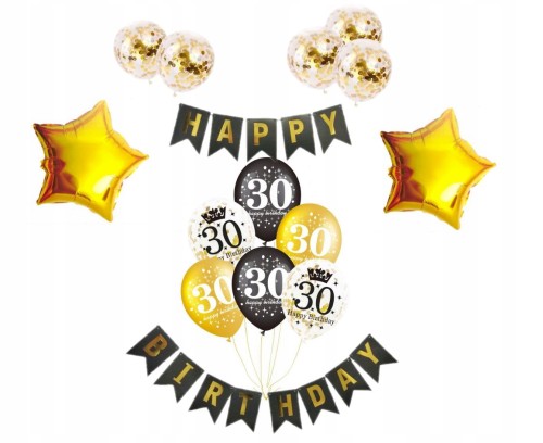 ZESTAW BALONY 30 URODZINY trzydziestka złote czerń