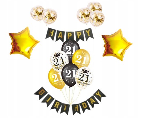 ZESTAW BALONY 21 URODZINY dwudziestka złote czarne