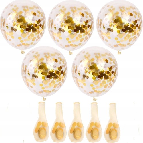 Balony duże przezroczyste złote konfetti 5szt 30cm