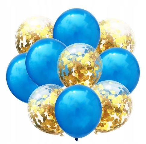 Balony metaliczne niebieskie konfetti złote 10szt