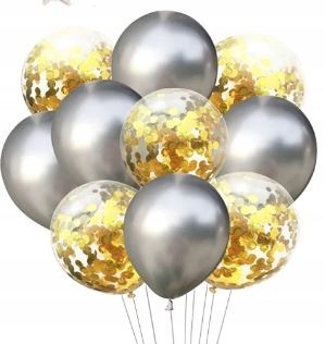 Balony metaliczne srebrne konfetti złote 10szt