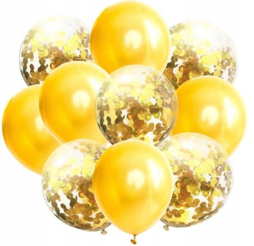 Balony zestaw żółte bezbarwne konfetti złote 10szt